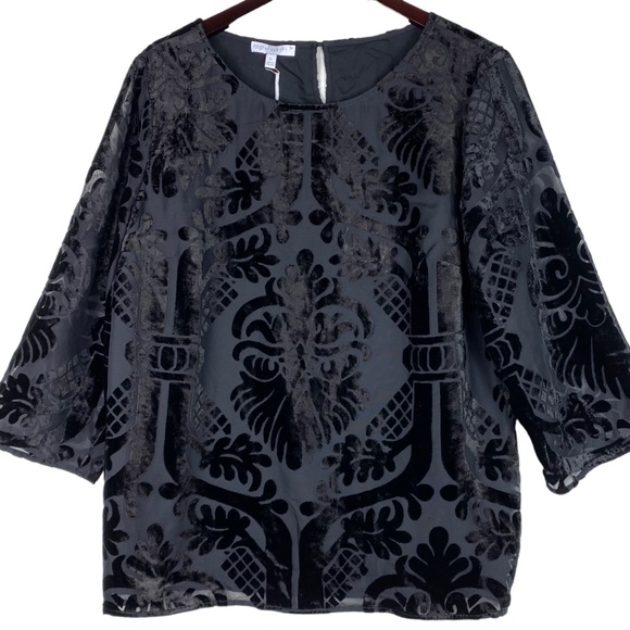 New RSVP Talbots XL 14 16 Top Tunic Shirt Black Velvet Velour Burnout Damask - Picture 2 of 5